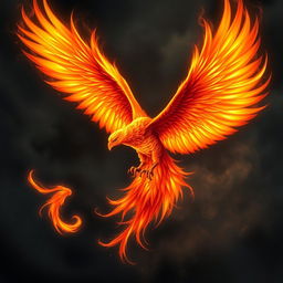 A majestic phoenix soaring through the air, its feathers ablaze with vibrant flames in shades of orange, red, and gold