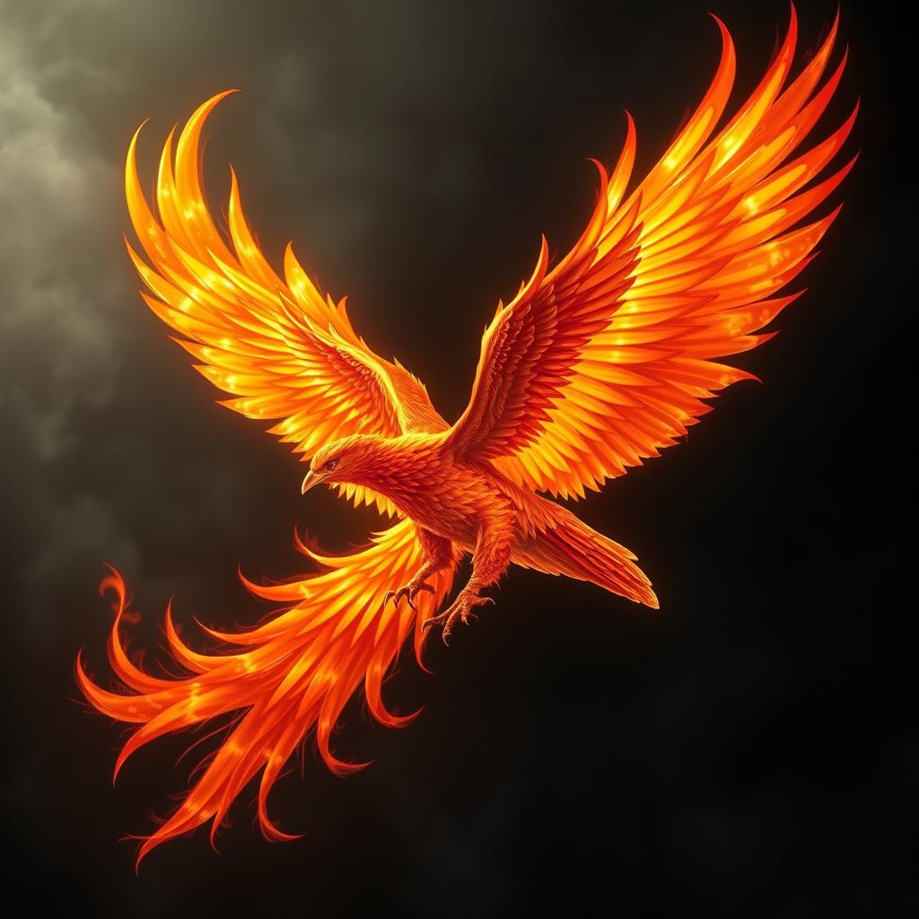 A majestic phoenix soaring through the air, its feathers ablaze with vibrant flames in shades of orange, red, and gold