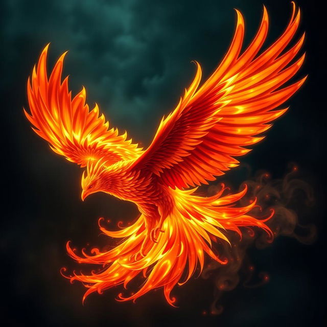 A majestic phoenix soaring through the air, its feathers ablaze with vibrant flames in shades of orange, red, and gold