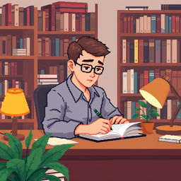 A pixel art illustration of a psychologist actively writing in a notebook at his desk