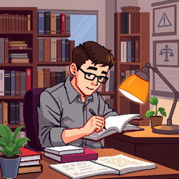 A pixel art illustration of a psychologist actively writing in a notebook at his desk