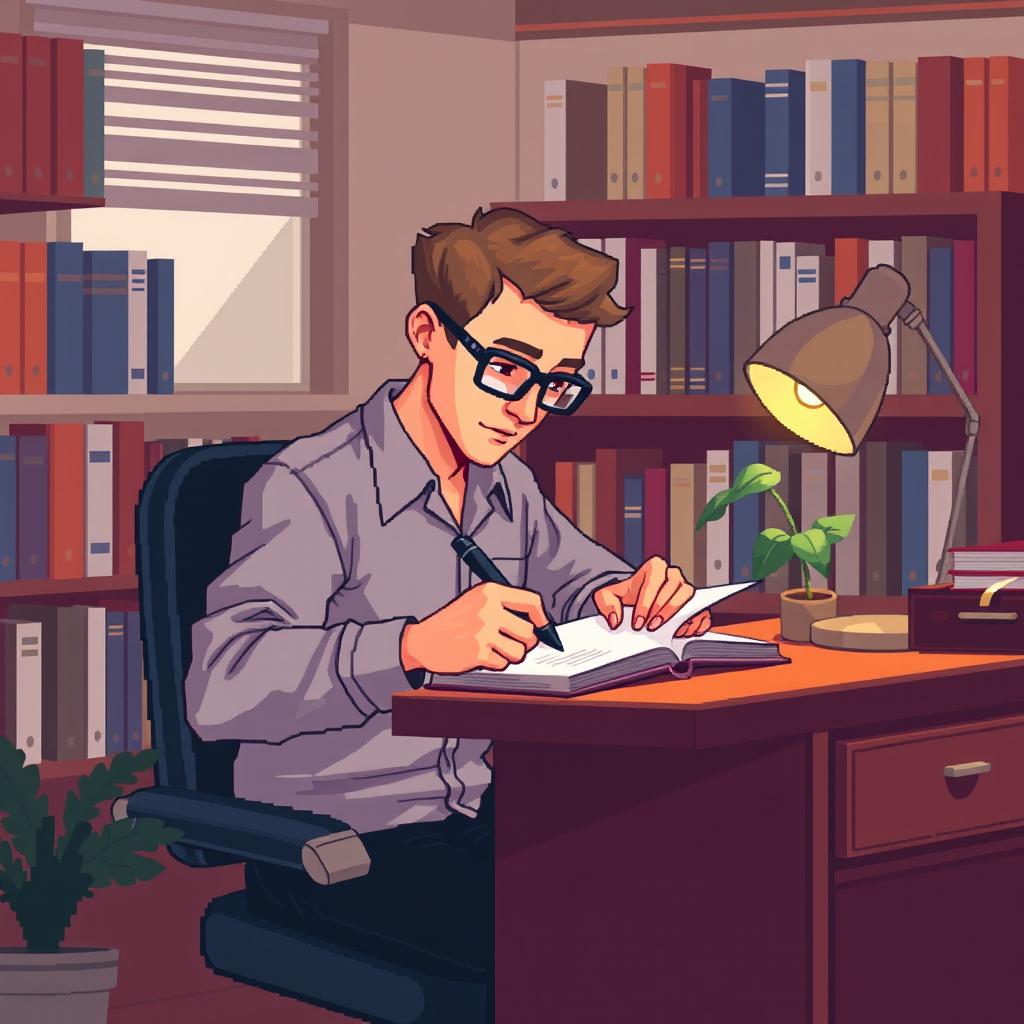 A pixel art illustration of a psychologist actively writing in a notebook at his desk