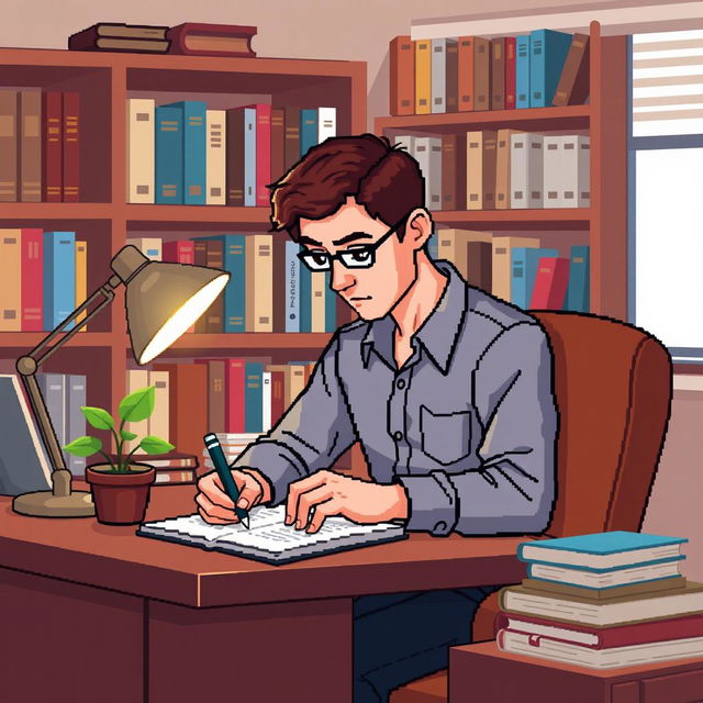 A pixel art illustration of a psychologist actively writing in a notebook at his desk