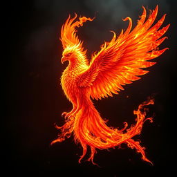A stunning phoenix engulfed in flames, showcasing vibrant hues of orange, red, and gold as its feathers burn brightly