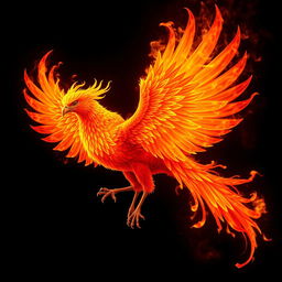 A stunning phoenix engulfed in flames, showcasing vibrant hues of orange, red, and gold as its feathers burn brightly