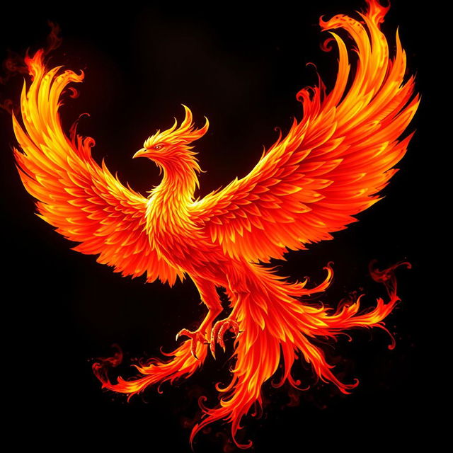 A stunning phoenix engulfed in flames, showcasing vibrant hues of orange, red, and gold as its feathers burn brightly