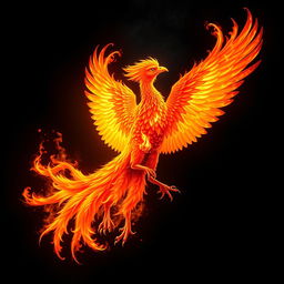 A stunning phoenix engulfed in flames, showcasing vibrant hues of orange, red, and gold as its feathers burn brightly