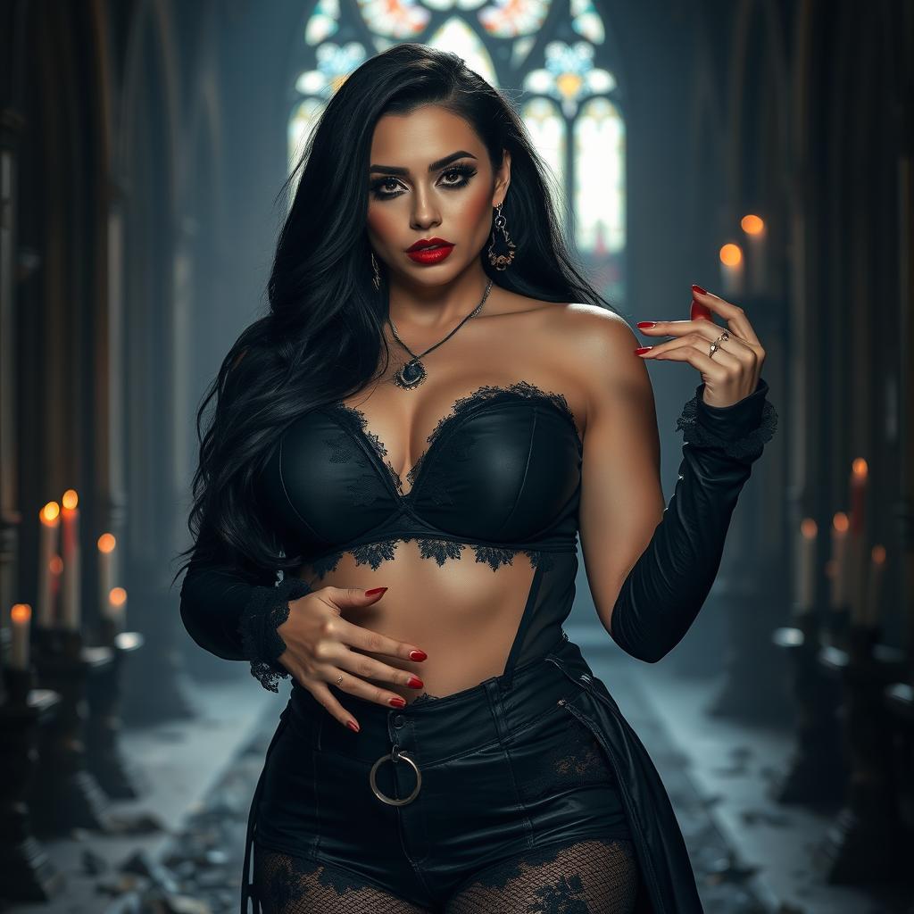 A voluptuous goth woman with striking features, featuring long black hair, dramatic makeup, and a dark, edgy outfit adorned with lace and leather