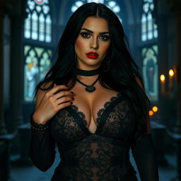 A voluptuous goth woman with striking features, featuring long black hair, dramatic makeup, and a dark, edgy outfit adorned with lace and leather