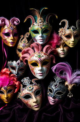 A stunning collection of intricately designed carneval masks displayed on a dark, luxurious velvet backdrop