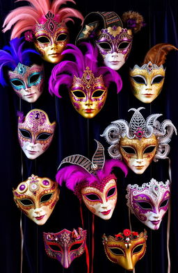 A stunning collection of intricately designed carneval masks displayed on a dark, luxurious velvet backdrop