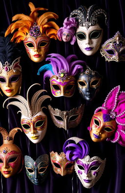 A stunning collection of intricately designed carneval masks displayed on a dark, luxurious velvet backdrop