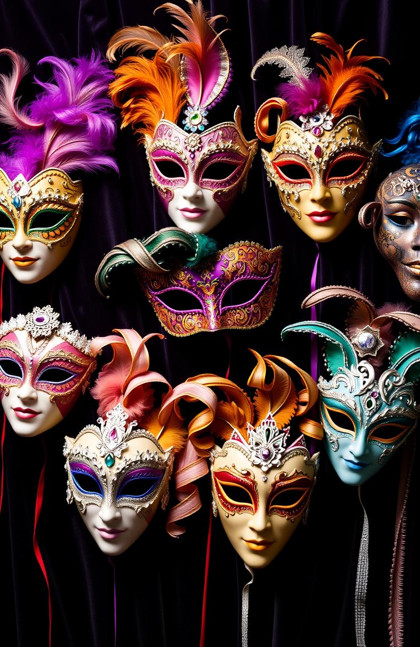 A stunning collection of intricately designed carneval masks displayed on a dark, luxurious velvet backdrop