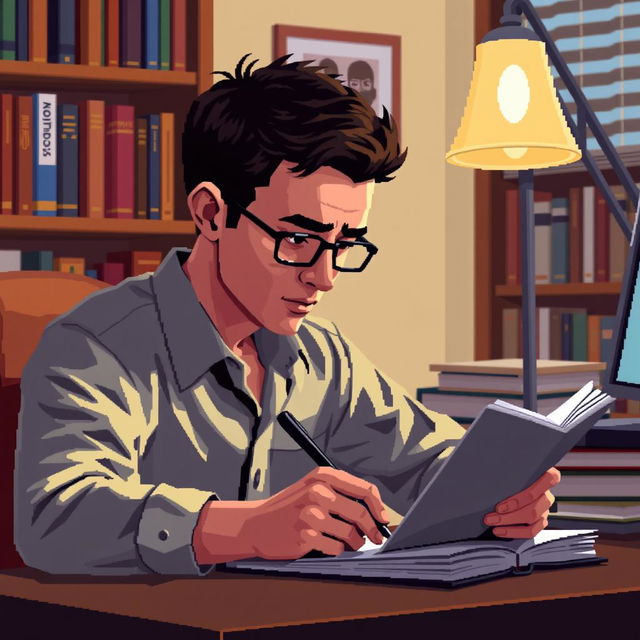 A pixel art illustration of a psychologist writing closely at his desk, showcasing a detailed view of his focused expression and the notebook in front of him