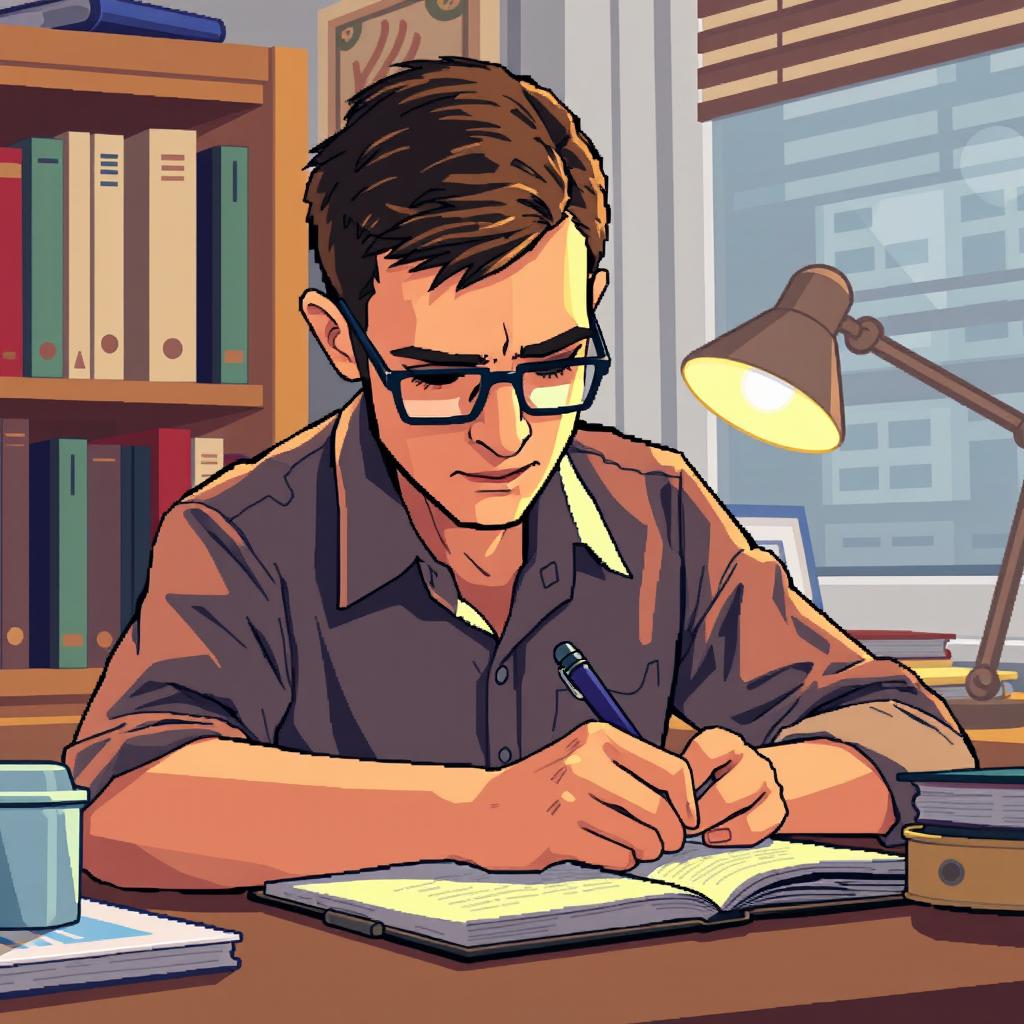 A pixel art illustration of a psychologist writing closely at his desk, showcasing a detailed view of his focused expression and the notebook in front of him