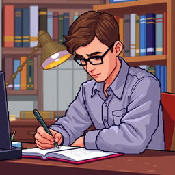 A pixel art illustration of a psychologist writing closely at his desk, showcasing a detailed view of his focused expression and the notebook in front of him