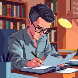 A pixel art illustration of a psychologist writing closely at his desk, showcasing a detailed view of his focused expression and the notebook in front of him