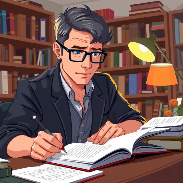 A pixel art illustration of a psychologist writing intently while looking forward