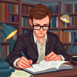 A pixel art illustration of a psychologist writing intently while looking forward