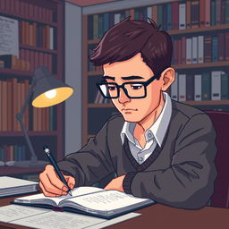 A pixel art illustration of a psychologist writing intently while looking forward