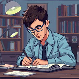 A pixel art illustration of a psychologist writing intently while looking forward