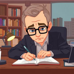A pixel art illustration of a psychologist writing closely at his desk, with an engaging perspective as if he is looking directly at the viewer