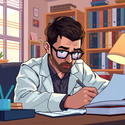 A pixel art illustration of a psychologist writing closely at his desk, with an engaging perspective as if he is looking directly at the viewer