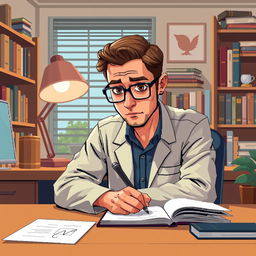 A pixel art illustration of a psychologist writing closely at his desk, with an engaging perspective as if he is looking directly at the viewer