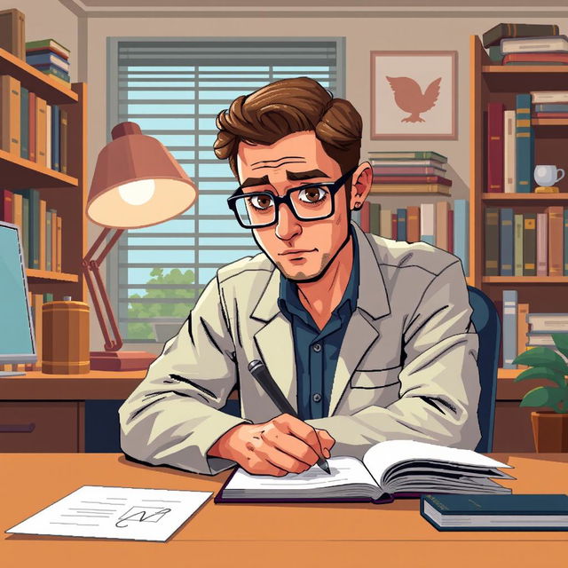 A pixel art illustration of a psychologist writing closely at his desk, with an engaging perspective as if he is looking directly at the viewer