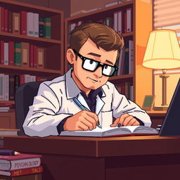 A pixel art illustration of a psychologist writing closely at his desk, with an engaging perspective as if he is looking directly at the viewer
