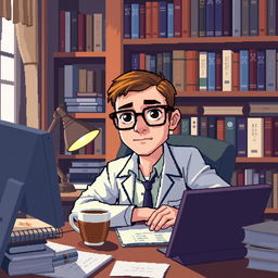 A pixel art illustration of a psychologist at his desk, looking directly at the viewer