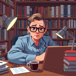 A pixel art illustration of a psychologist at his desk, looking directly at the viewer