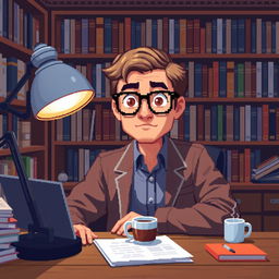 A pixel art illustration of a psychologist at his desk, looking directly at the viewer