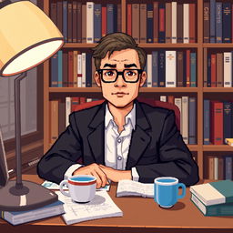 A pixel art illustration of a psychologist at his desk, looking directly at the viewer