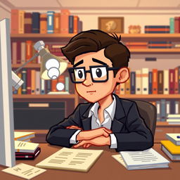 A pixel art illustration of a psychologist at his desk, seen in a close-up perspective, making a thoughtful inquiry