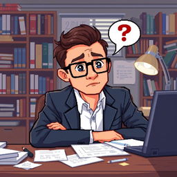 A pixel art illustration of a psychologist at his desk, seen in a close-up perspective, making a thoughtful inquiry