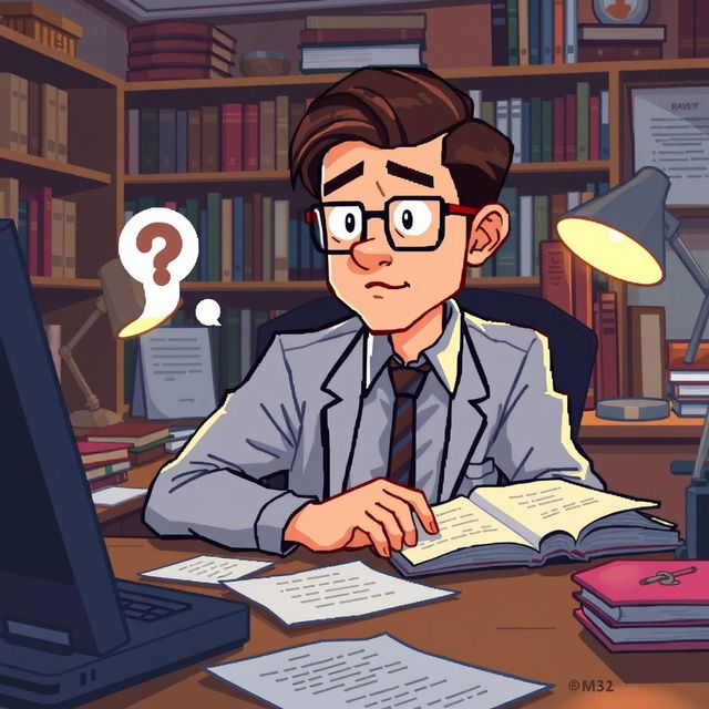 A pixel art illustration of a psychologist at his desk, seen in a close-up perspective, making a thoughtful inquiry