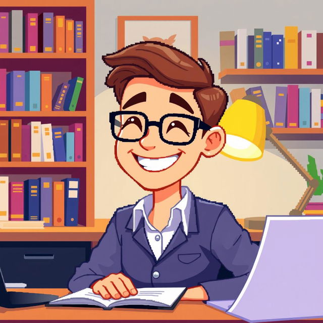 A pixel art illustration of a psychologist at his desk, seen up close, radiating happiness