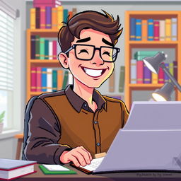 A pixel art illustration of a psychologist at his desk, seen up close, radiating happiness