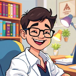 A pixel art illustration of a psychologist at his desk, seen up close, radiating happiness