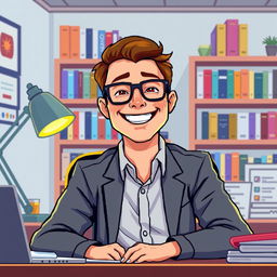 A pixel art illustration of a psychologist at his desk, seen up close, radiating happiness
