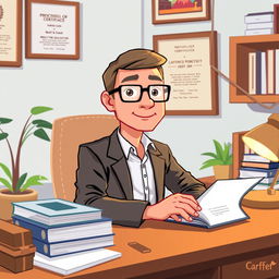 A pixel art illustration of a psychologist at his desk, capturing a close-up view of the scene