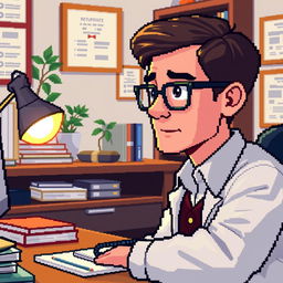 A pixel art illustration of a psychologist at his desk, capturing a close-up view of the scene