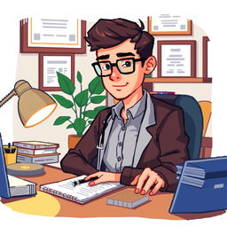 A pixel art illustration of a psychologist at his desk, capturing a close-up view of the scene