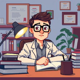 A pixel art illustration of a psychologist at his desk, capturing a close-up view of the scene