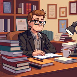 A pixel art illustration of a psychologist at his desk, depicted in a close-up view