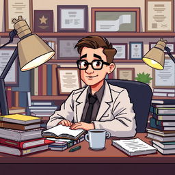 A pixel art illustration of a psychologist at his desk, depicted in a close-up view