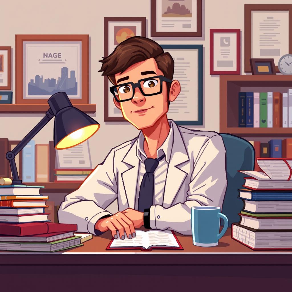 A pixel art illustration of a psychologist at his desk, depicted in a close-up view