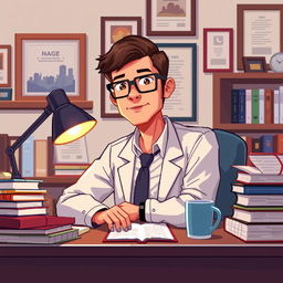 A pixel art illustration of a psychologist at his desk, depicted in a close-up view