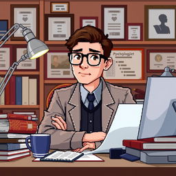 A pixel art illustration of a psychologist at his desk, depicted in a close-up view